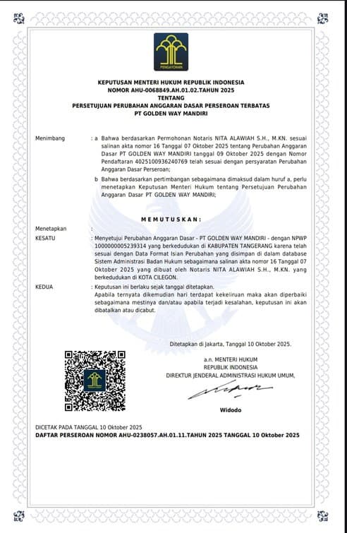 Halaman kedua pengesahan akta pendirian PT Golden Way Mandiri dari Kementerian Hukum dan HAM