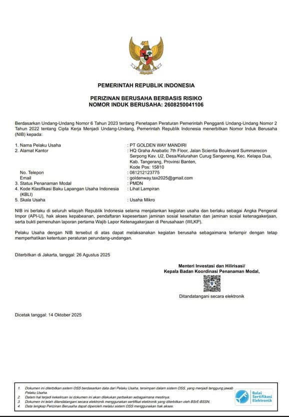 Nomor Induk Berusaha PT Golden Way Mandiri yang diterbitkan melalui sistem OSS