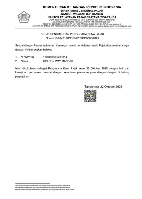 Surat Pengukuhan Pengusaha Kena Pajak PT Golden Way Mandiri