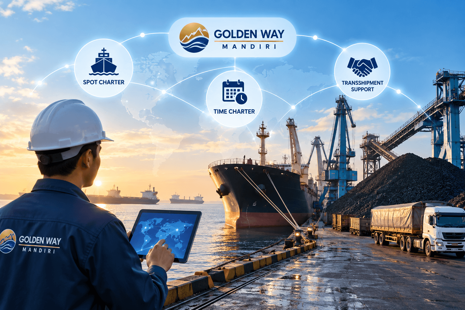 Kegiatan bongkar muat komoditas di dermaga yang dilayani PT Golden Way Mandiri
